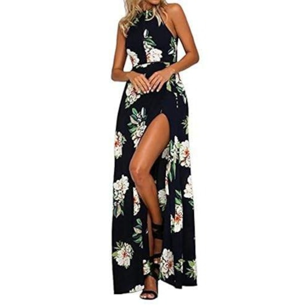 ZESICA Womens Floral Maxi Dress Navy Blue Halter Open Back Side Slit Tropical M